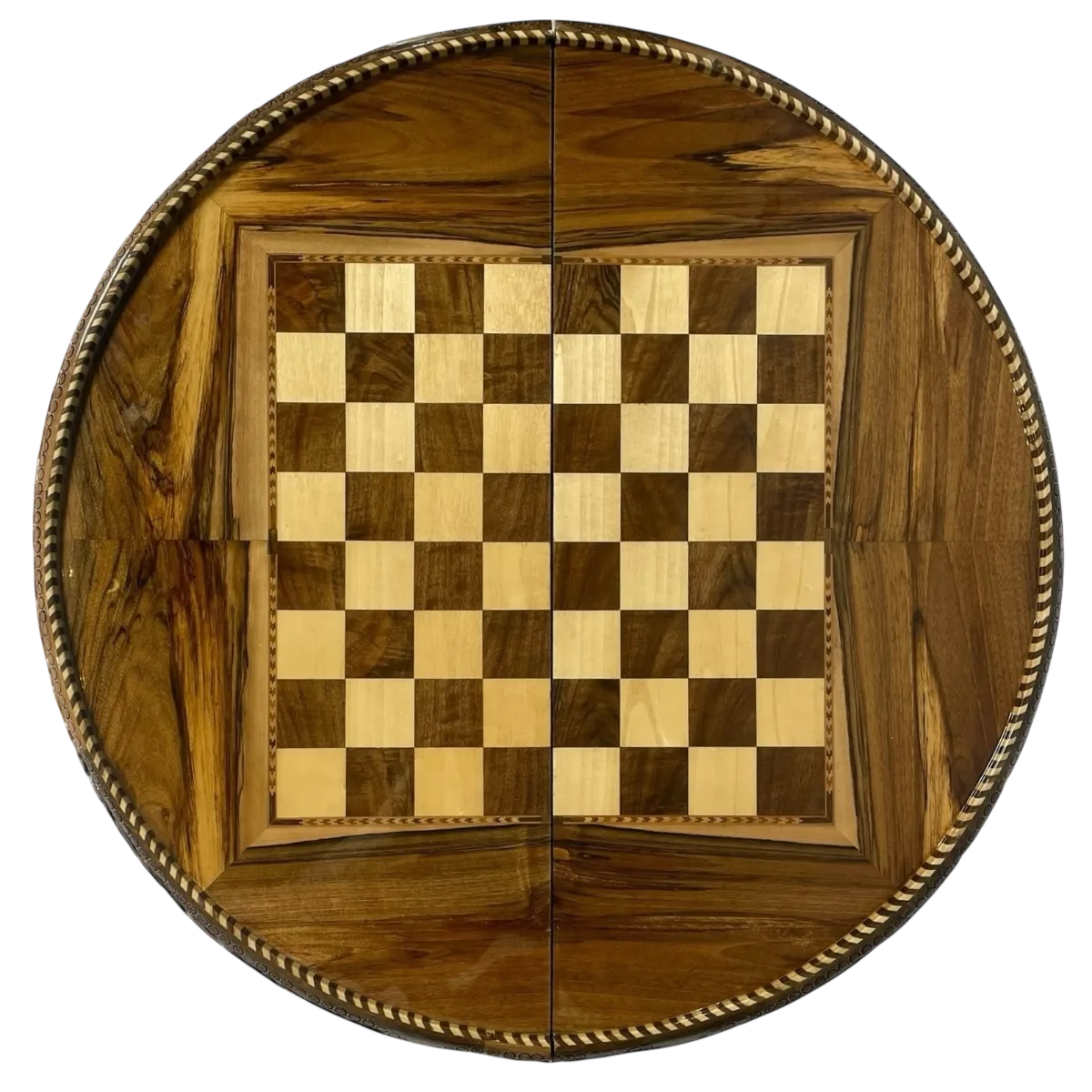 Round Hand-Carved Walnut Burl Backgammon & Chess Board — 70 cm