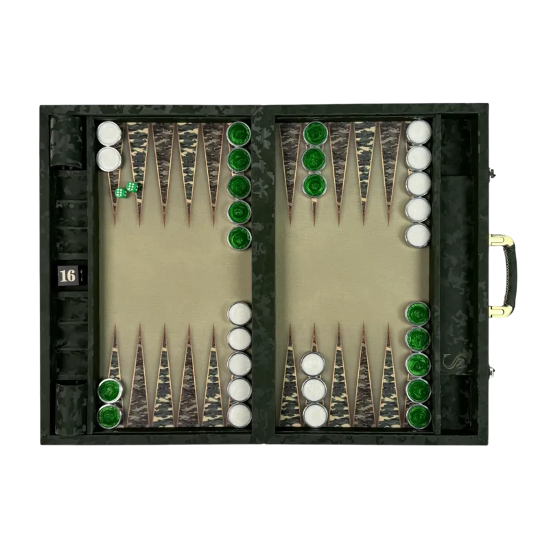 Open camouflage-patterned backgammon; beige surface, camouflage-patterned points, green and white checkers, two green dice