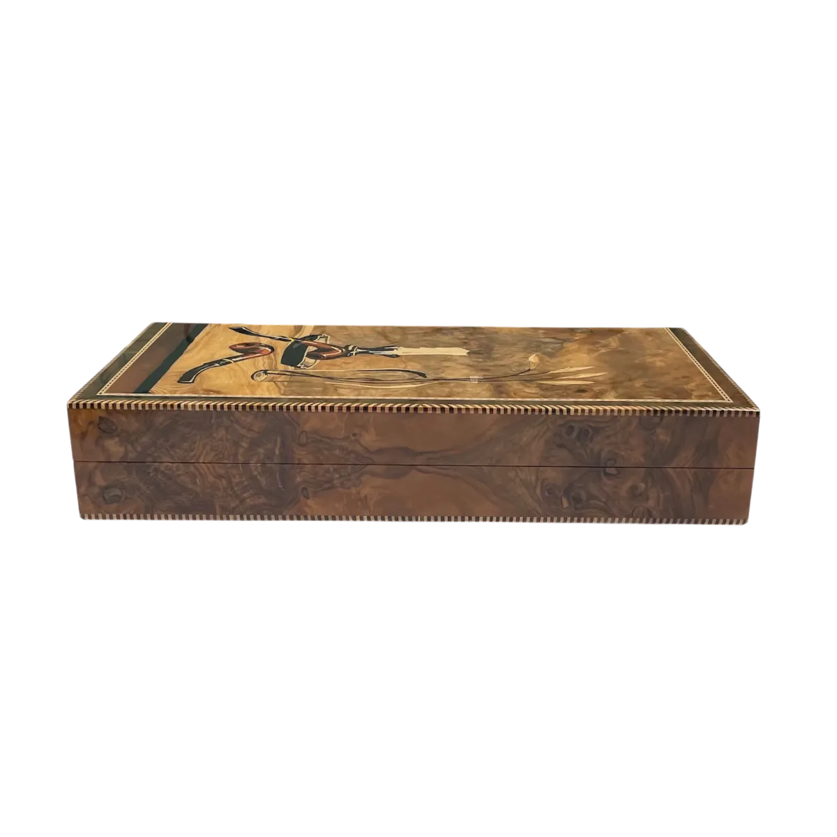 Patterned side and edge bands of the closed “Last Glass” backgammon board
