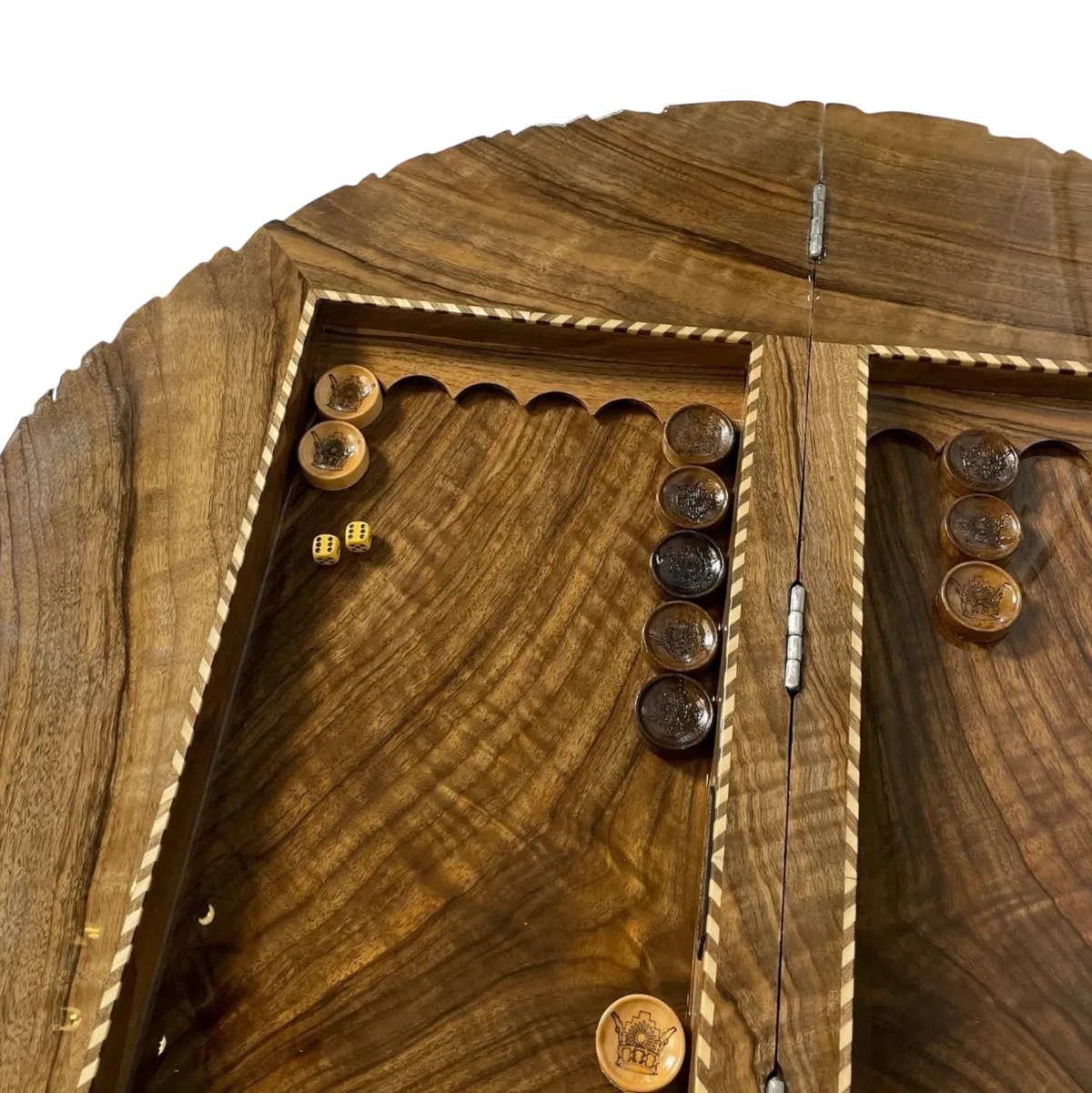 Round Hand-Carved Walnut Burl Backgammon & Chess Board — 70 cm