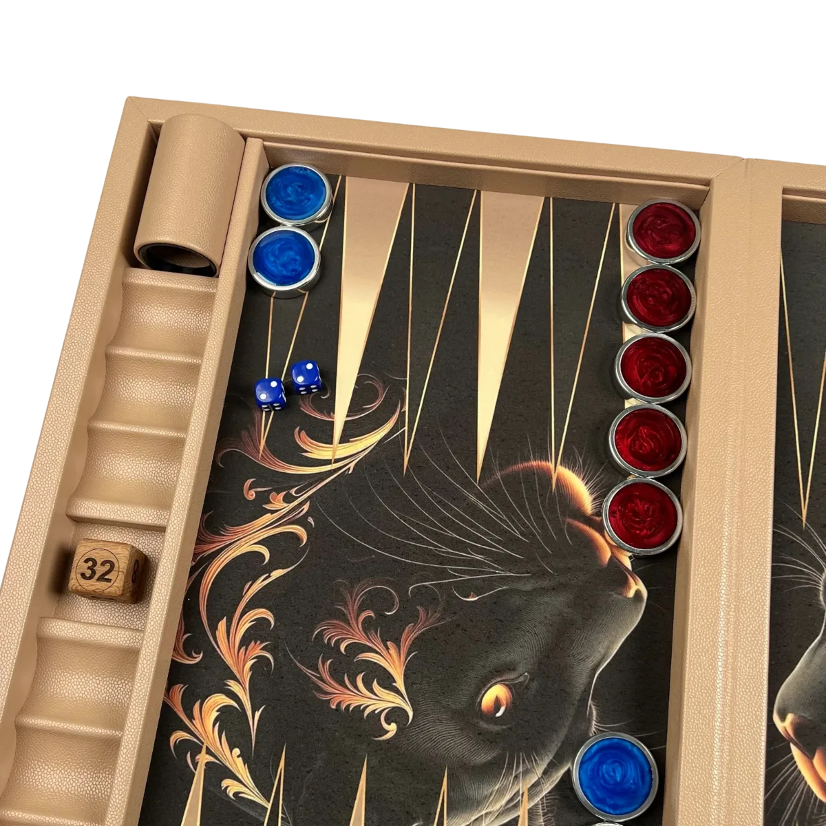 Close-up of a backgammon corner; dice cup, doubling cube showing 32, blue dice and checkers