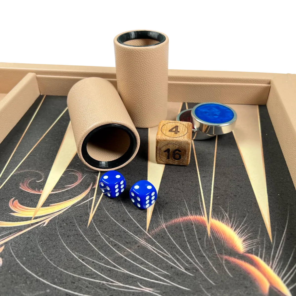 Two beige dice cups, two blue dice, doubling cube showing 4 and 16, and a blue checker