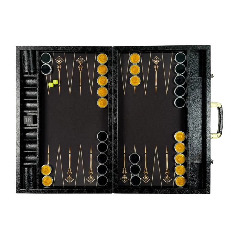 Open black backgammon from above; gold-lined points on a dark background, yellow and black checkers, two dice and handle