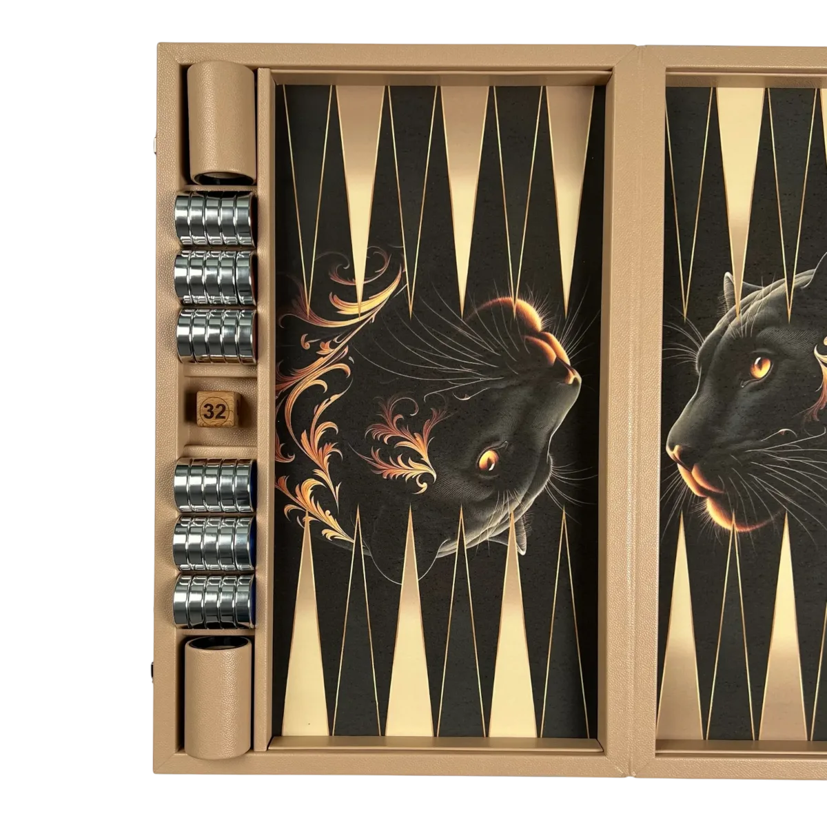 Left half of the backgammon set; checkers stacked in the side compartment, dice cups and cat-patterned playing surface