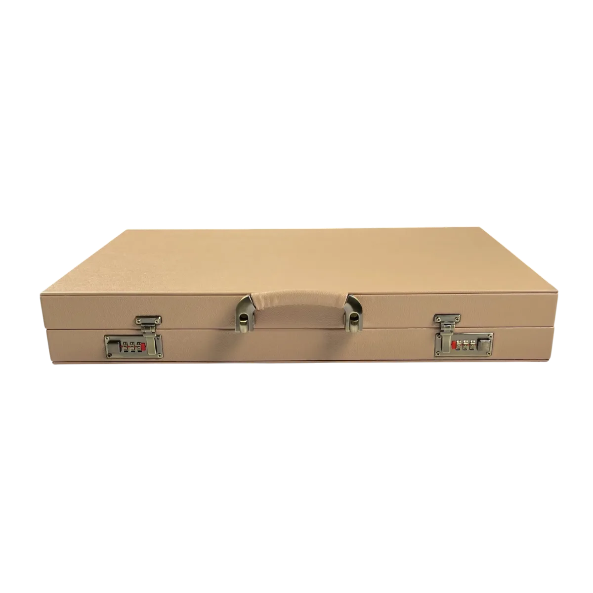 Closed beige faux leather backgammon set; carrying handle in the middle, metal combination locks on both sides