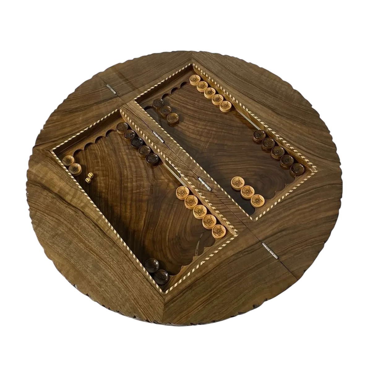 Round Hand-Carved Walnut Burl Backgammon & Chess Board — 70 cm