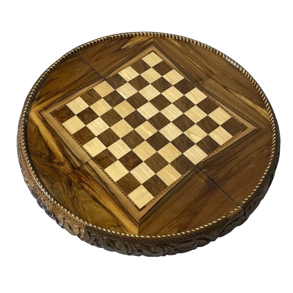Round Hand-Carved Walnut Burl Backgammon & Chess Board — 70 cm