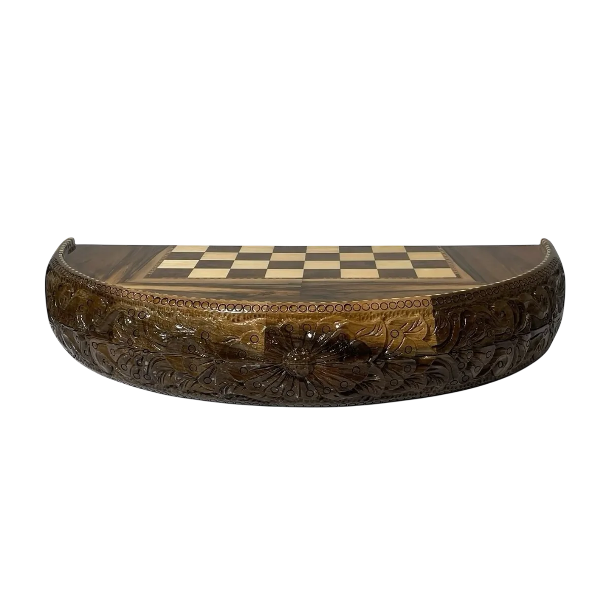 Round Hand-Carved Walnut Burl Backgammon & Chess Board — 70 cm