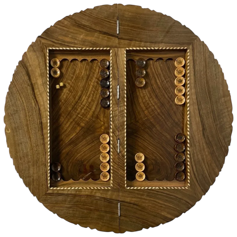 Round walnut burl backgammon board with carved rim, open