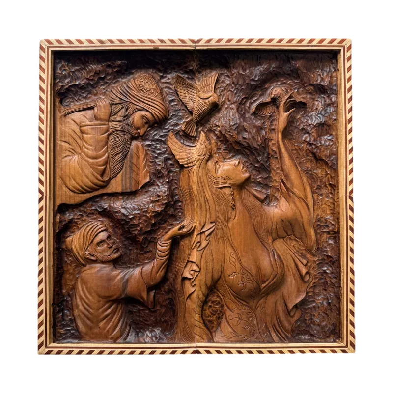 Closed carved backgammon; relief scene of two turbaned men, a long-haired woman and birds, striped inlaid frame