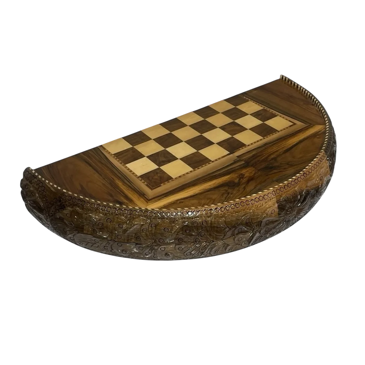 Round Hand-Carved Walnut Burl Backgammon & Chess Board — 70 cm