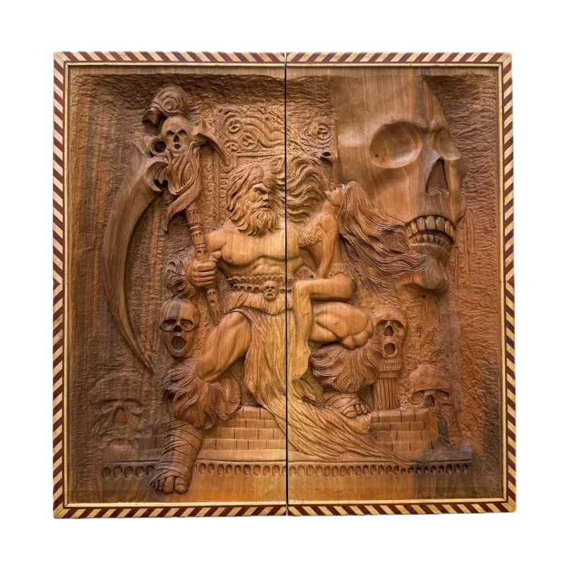 Closed carved backgammon; bearded warrior holding a sickle, female figure and skull reliefs, striped band frame